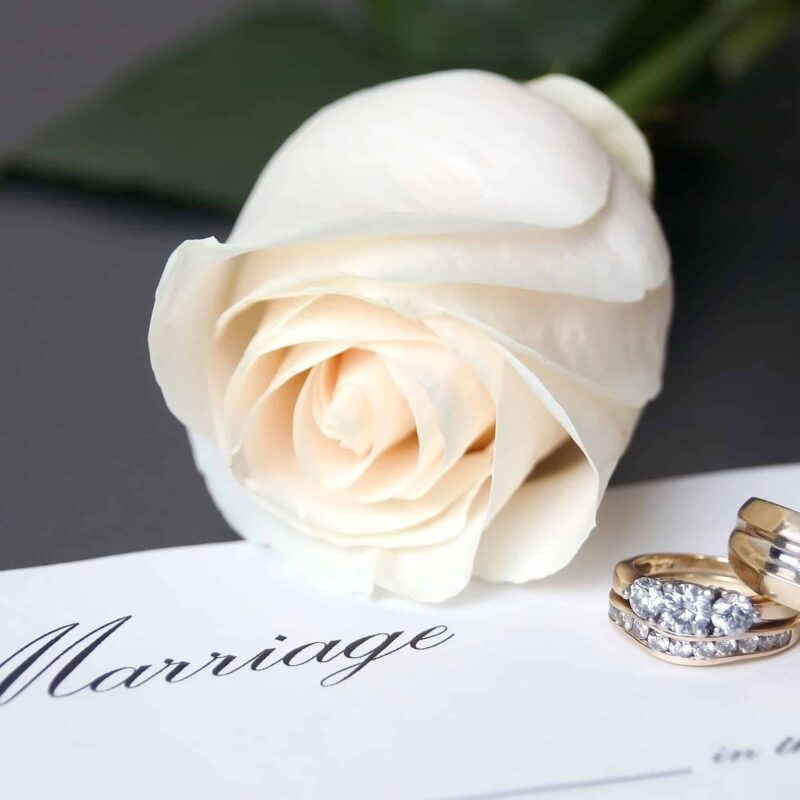 White rose and wedding rings on Marriage certificate | New Direction Family Law
