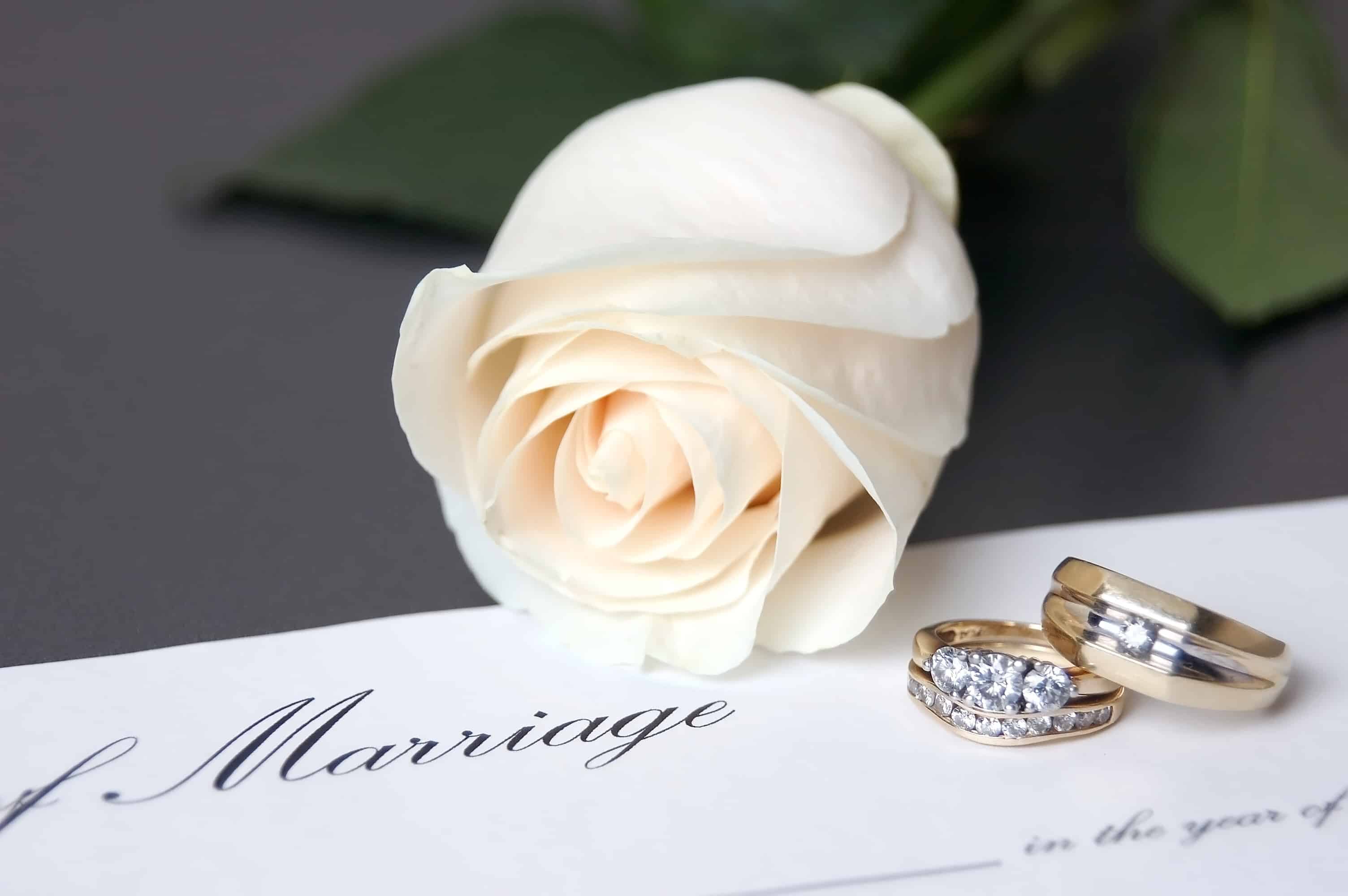 White rose and wedding rings on Marriage certificate | New Direction Family Law
