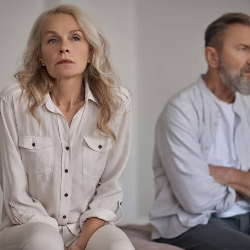 Unhappy mature couple sitting beside one another in bed. | New Direction Family Law